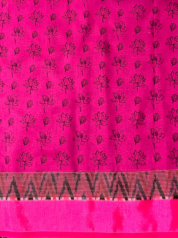 Banarasee Handloom Cotton Silk Saree With Digital Floral Prints & Contrast Border-Grey
