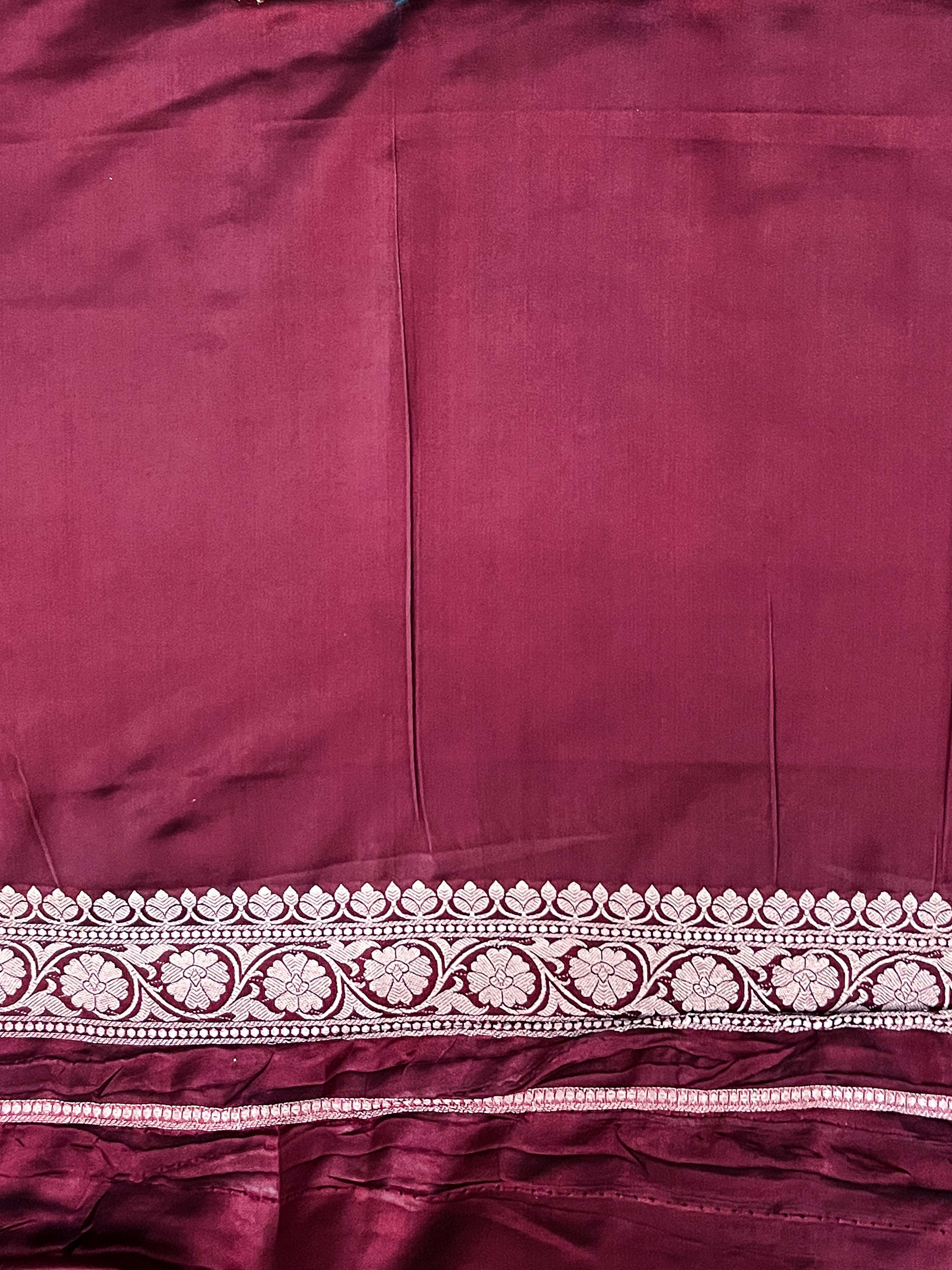 Banarasee Handloom Mashru Silk Saree With Zari Buti Design & Lace Border-Burgundy