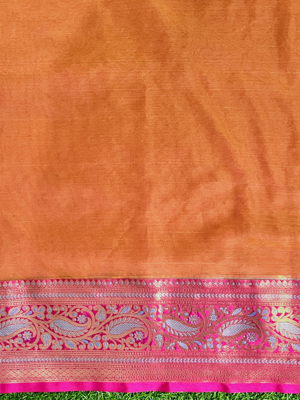 Banarasee Dual Tone Organza Mix Saree With Resham Zari Work & Contrast Border-Orange & Pink