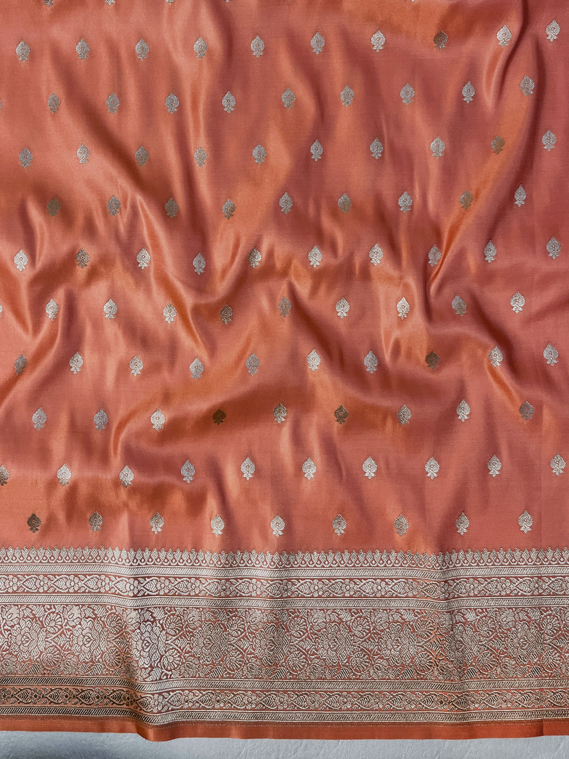 Banarasee Handwoven Plain Semi Katan Saree With Broad Zari Border-Peach