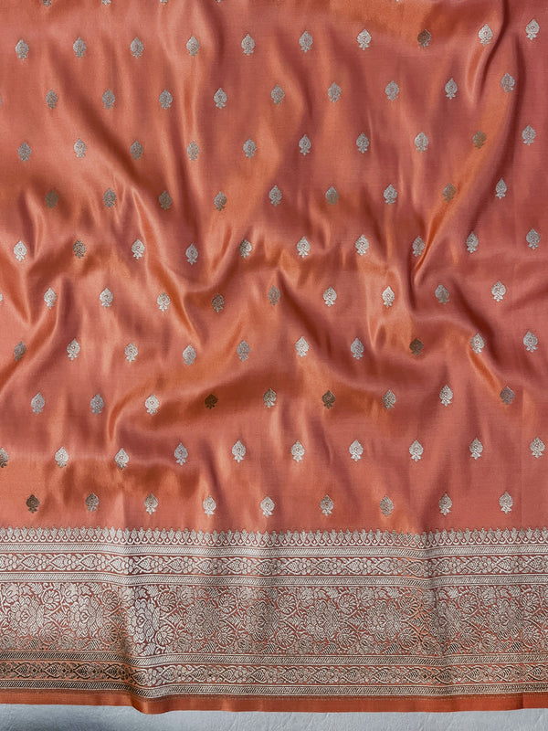 Banarasee Handwoven Plain Semi Katan Saree With Broad Zari Border-Peach