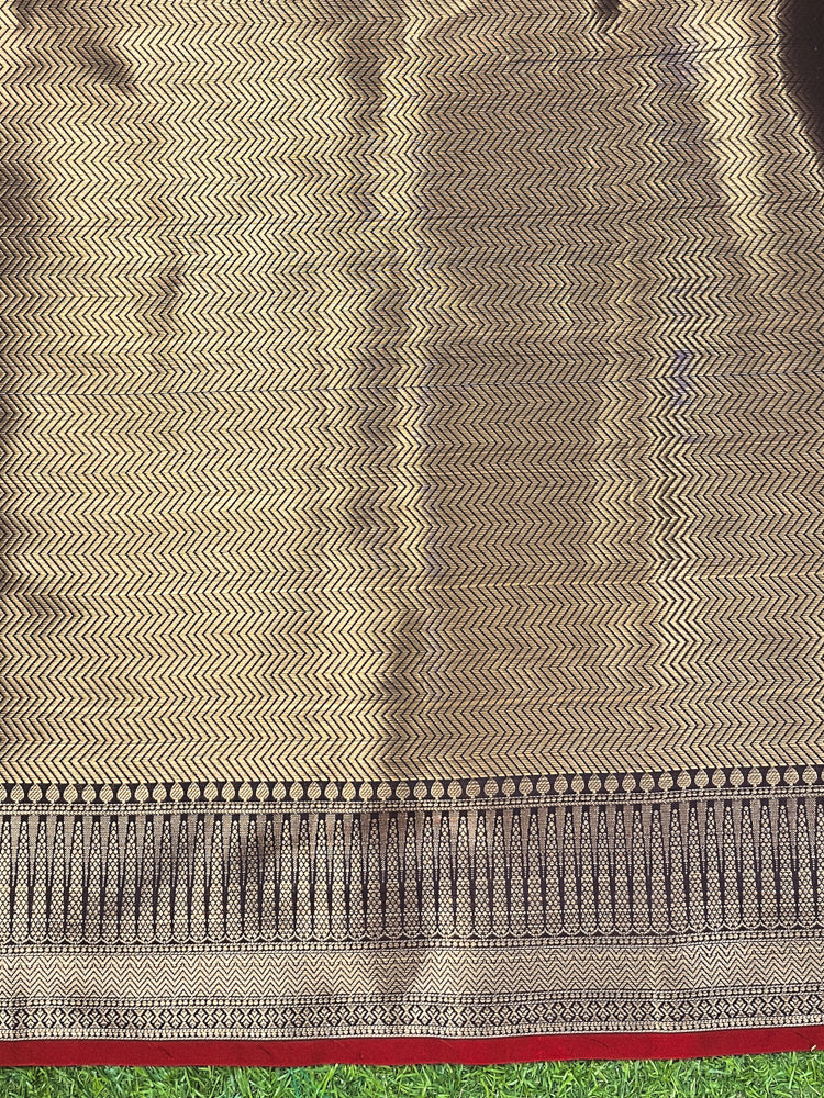 Banarasee Handloom Semi Silk Saree With Buti Design Zari Border & Lace-Brown (Maroon Tone)