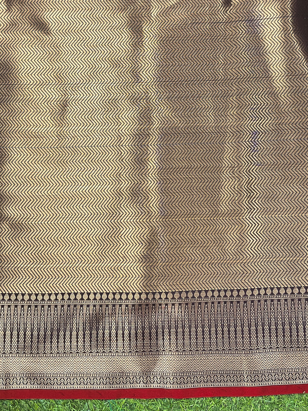 Banarasee Handloom Semi Silk Saree With Buti Design Zari Border & Lace-Brown (Maroon Tone)