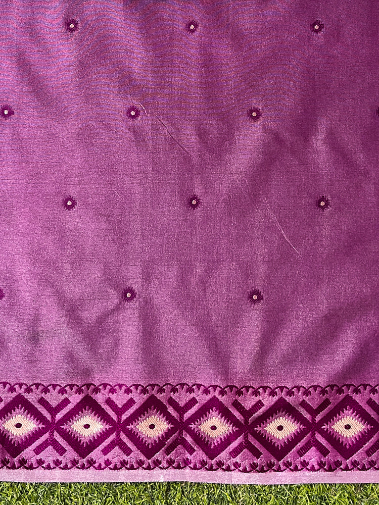 Banarasee Handwoven Semi-Tussar Silk Saree With Resham Work & Geometric Border-Beige & Magenta