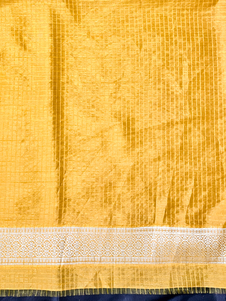 Banarasee Handloom Semi Dupion Silk Saree With Check Pattern Floral Buta Design & Border-Mustard Yellow
