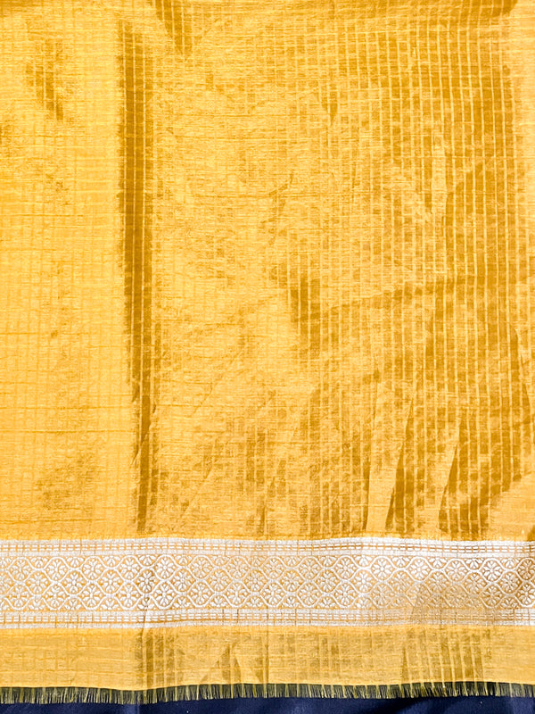 Banarasee Handloom Semi Dupion Silk Saree With Check Pattern Floral Buta Design & Border-Mustard Yellow