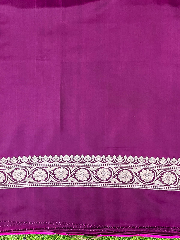 Banarasee Handloom Mashru Silk Saree With Zari Buti Design & Lace Border-Magenta