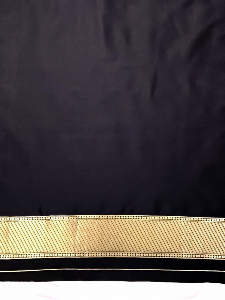 Banarasee Handloom Semi Katan Saree With Trishul Design & Ganga Ghat Zari Border-Black