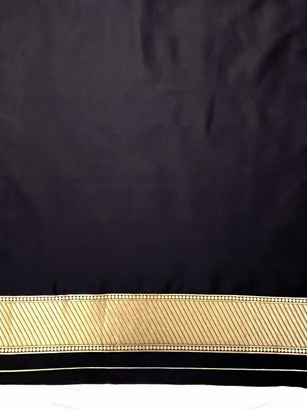 Banarasee Handloom Semi Katan Saree With Trishul Design & Ganga Ghat Zari Border-Black