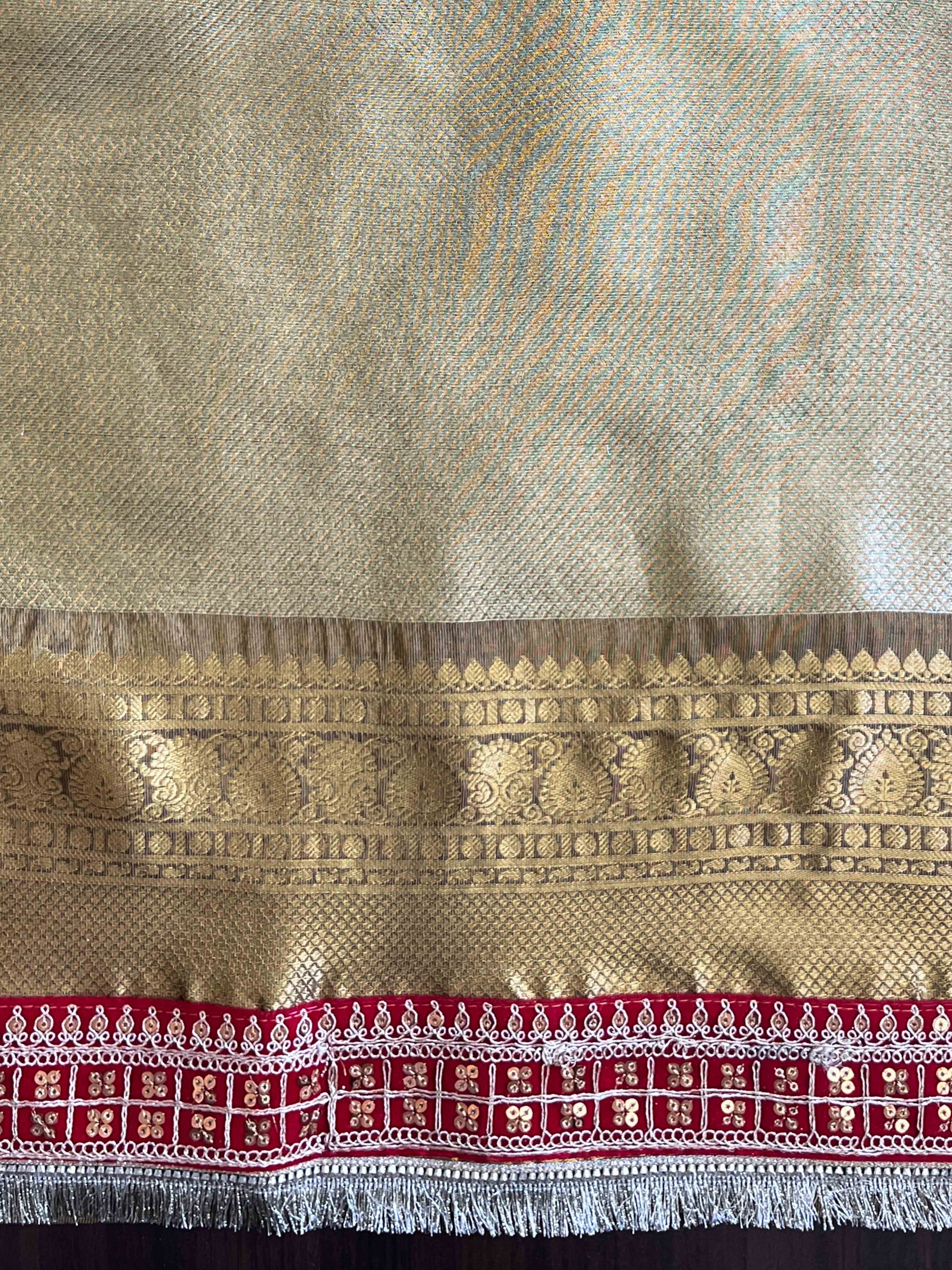 Banarasee Handloom Tissue Saree With Zari Woven Design Border & Contrast Lace-Moss Green (Gold Tone)