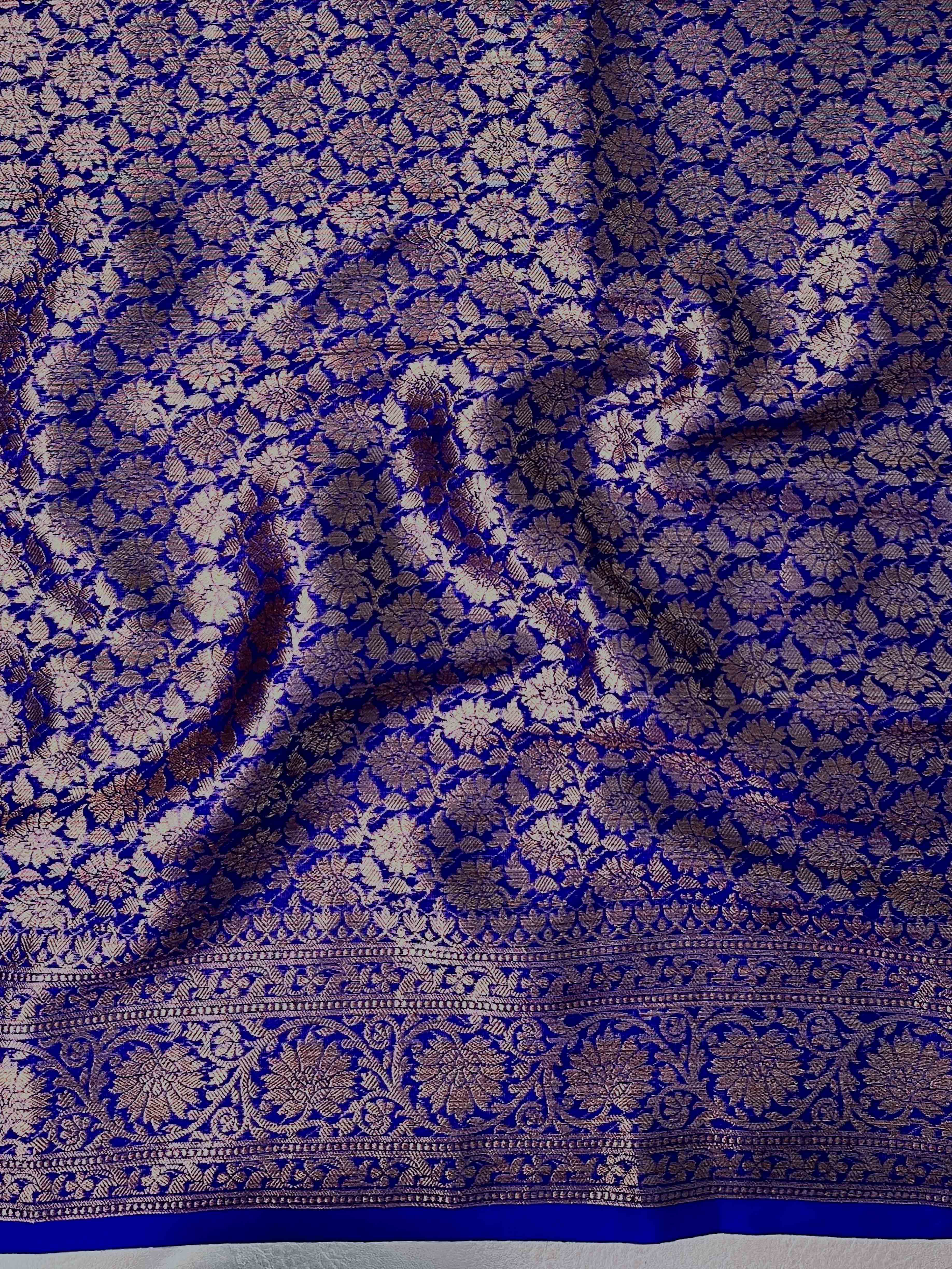 Banarasee Handwoven Georgette Saree With Zari Buta Design & Floral Border-Blue