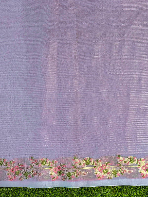Banarasee Handloom Soft Tissue Shine Saree With Resham Floral Border-Lavender