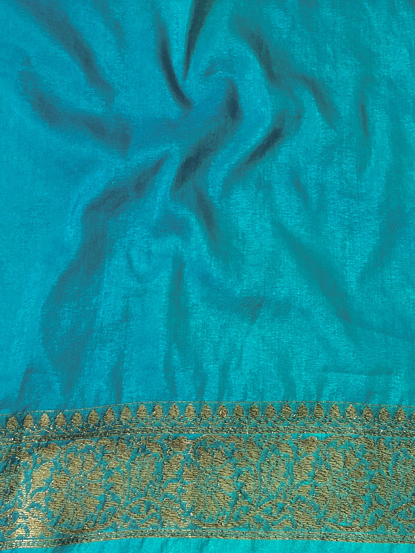 Banarasee Semi-Chiffon Saree With Antique Gold Zari Work-Teal Blue