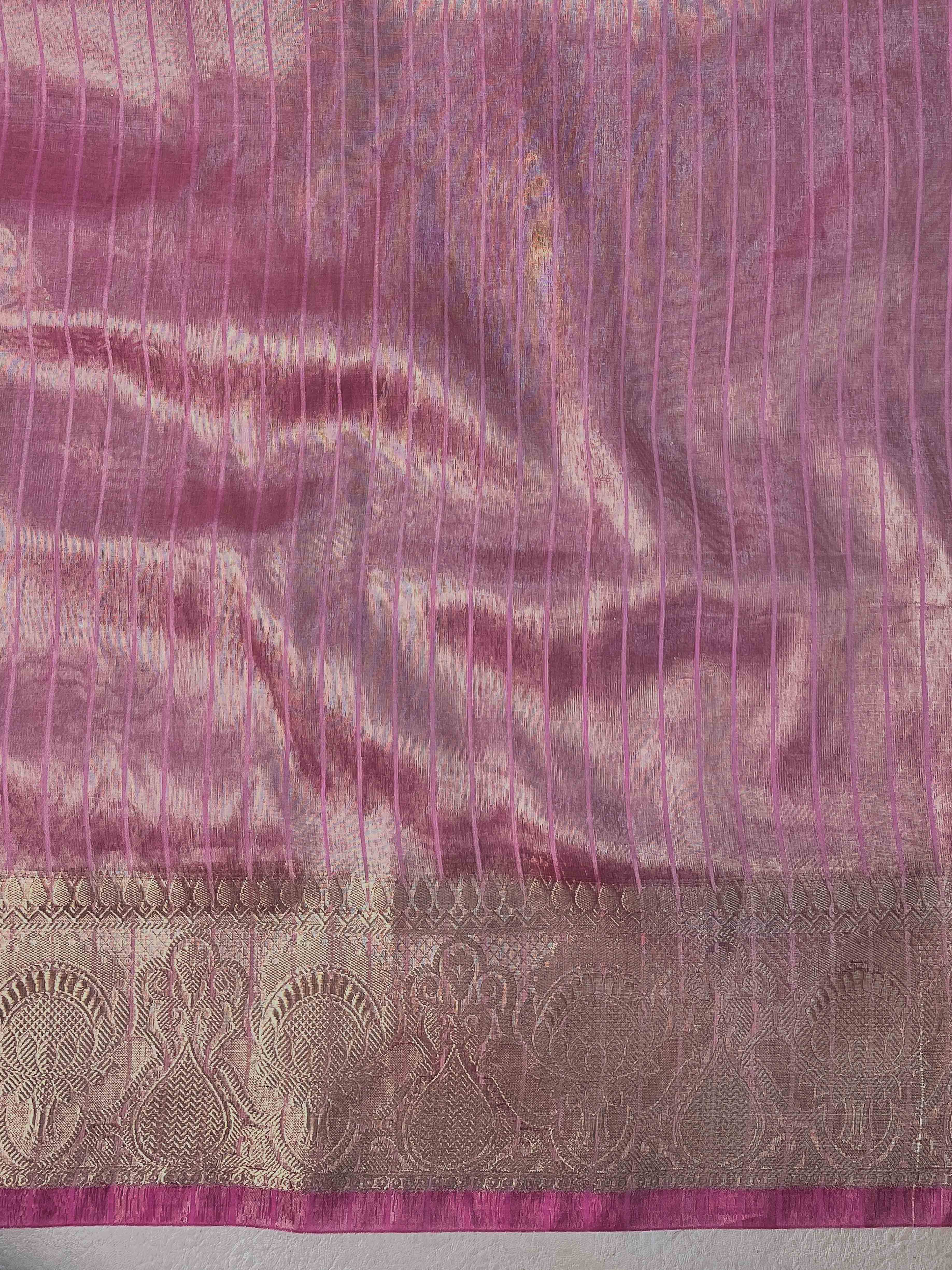 Banarasee Handloom Plain Tissue Saree With Zari Border & Lace-Light Pink