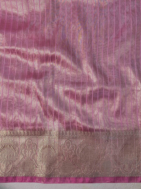 Banarasee Handloom Plain Tissue Saree With Zari Border & Lace-Light Pink