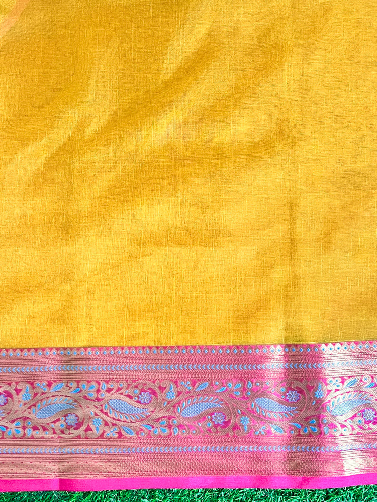 Banarasee Handwoven Organza Mix Saree With Resham Zari Work & Contrast Border-Yellow