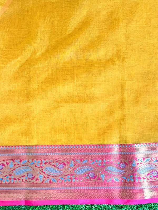 Banarasee Handwoven Organza Mix Saree With Resham Zari Work & Contrast Border-Yellow