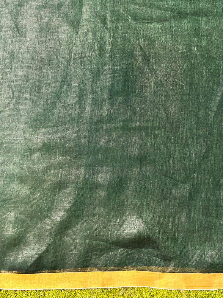 Bhagalpur Handloom Pure Linen Saree With Gold & Silver Stripes-Green