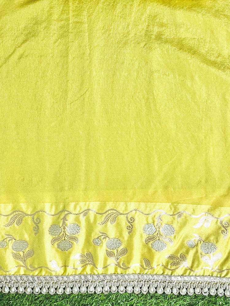 Banarasee Handloom Semi Silk Saree With Buti Design Zari Border & Lace-Light Yellow