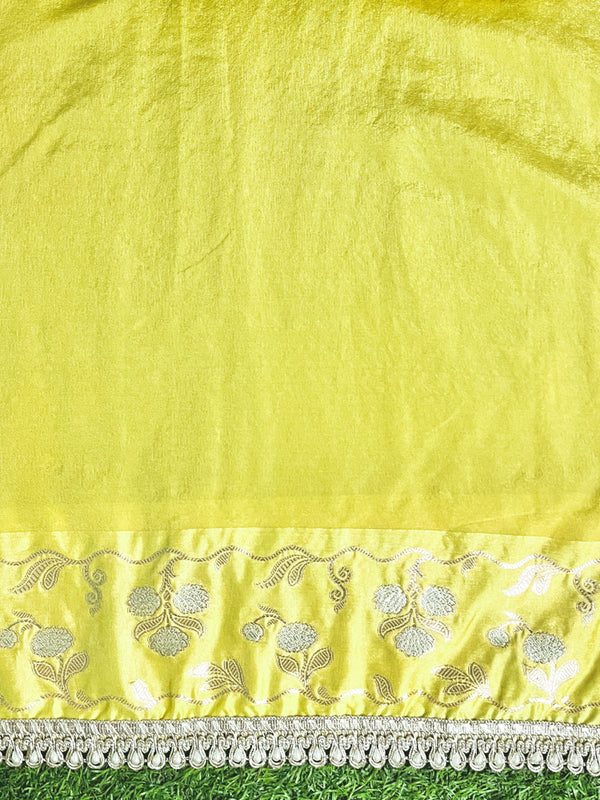 Banarasee Handloom Semi Silk Saree With Buti Design Zari Border & Lace-Light Yellow