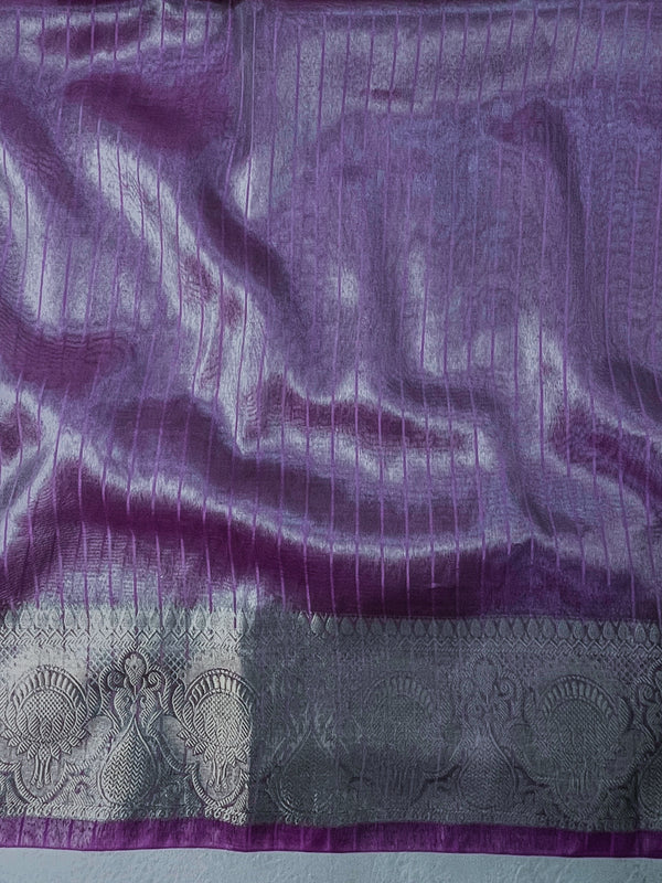 Banarasee Handloom Plain Tissue Saree With Zari Border & Lace-Light Purple