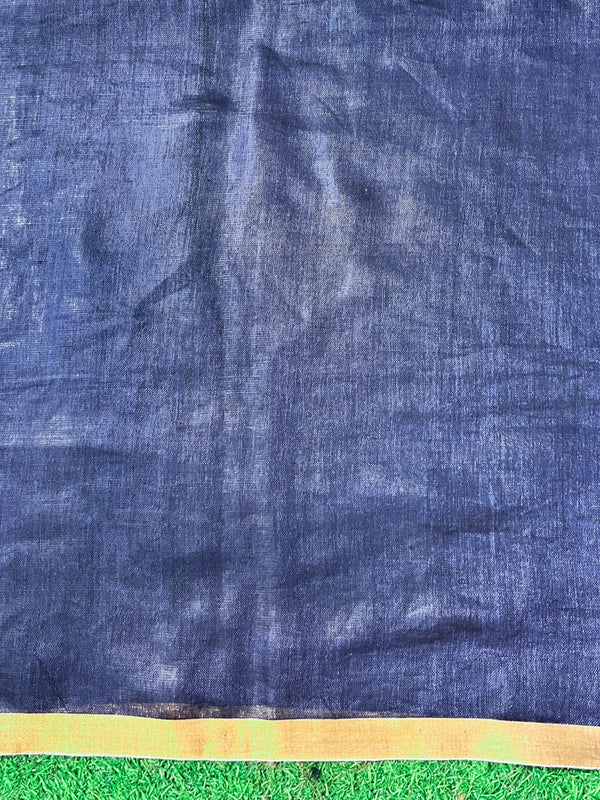 Bhagalpur Handloom Pure Linen Saree With Gold & Silver Stripes-Blue