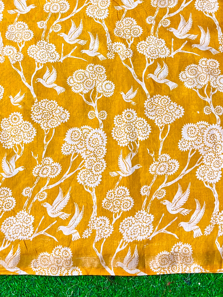 Bhagalpur Cotton Silk Ghichha Work Saree With Madhubani Print-Mustard Yellow