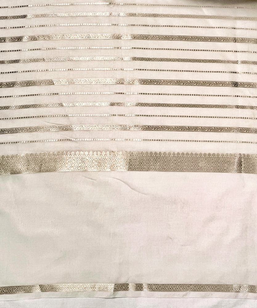 Banarasee Handloom Semi Silk Saree With Zari Stripe Pattern & Thread Floral Border-Off White