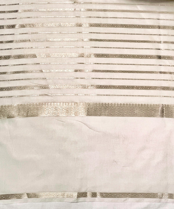 Banarasee Handloom Semi Silk Saree With Zari Stripe Pattern & Thread Floral Border-Off White