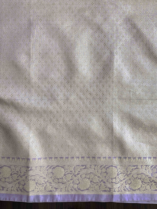 Banarasee Handloom Tissue Saree With Zari Buti Design Floral Border & Lace-Pastel Purple