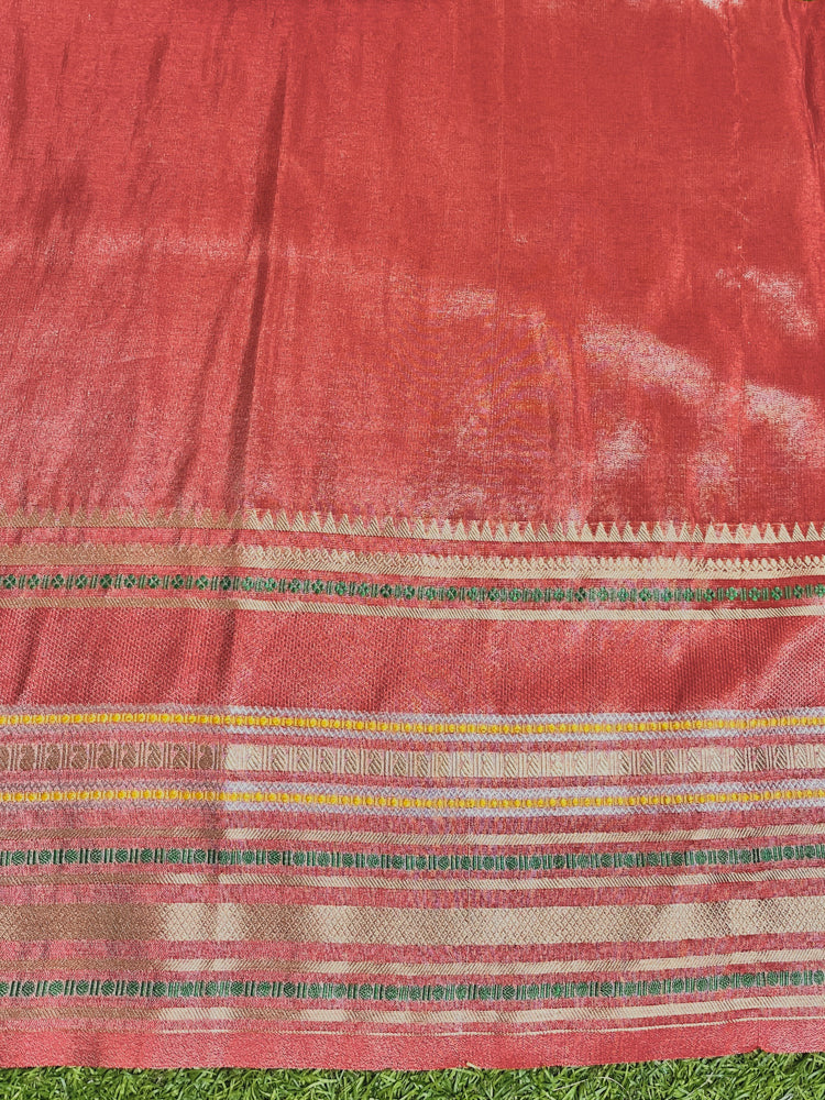 Banarasee Handloom Tissue Saree With Buti Design & Striped Zari Border-Red