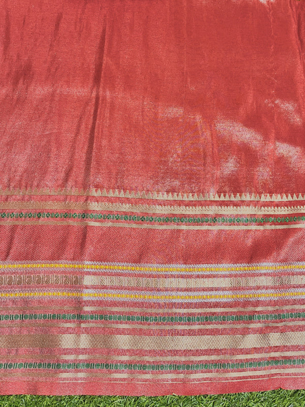Banarasee Handloom Tissue Saree With Buti Design & Striped Zari Border-Red