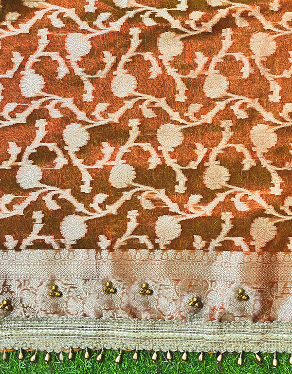 Banarasee Handwoven Tissue Saree With Embroidered Ghungroo Work-Rust (Dual Tone)