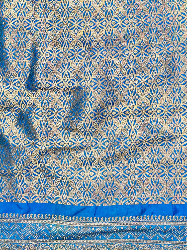 Banarasee Handloom Semi Silk Saree With Sona Rupa Zari Buti Design & Contrast Border-Rust & Blue