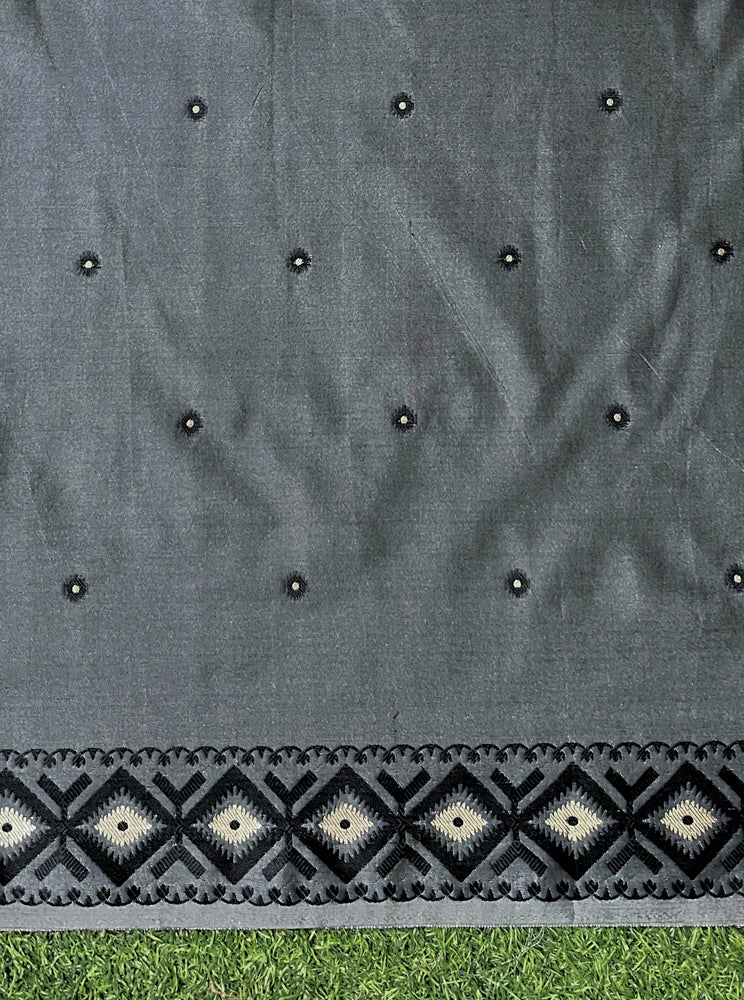 Banarasee Handwoven Semi-Tussar Silk Saree With Resham Work & Geometric Border-Beige & Black