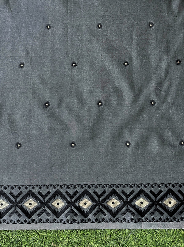 Banarasee Handwoven Semi-Tussar Silk Saree With Resham Work & Geometric Border-Beige & Black