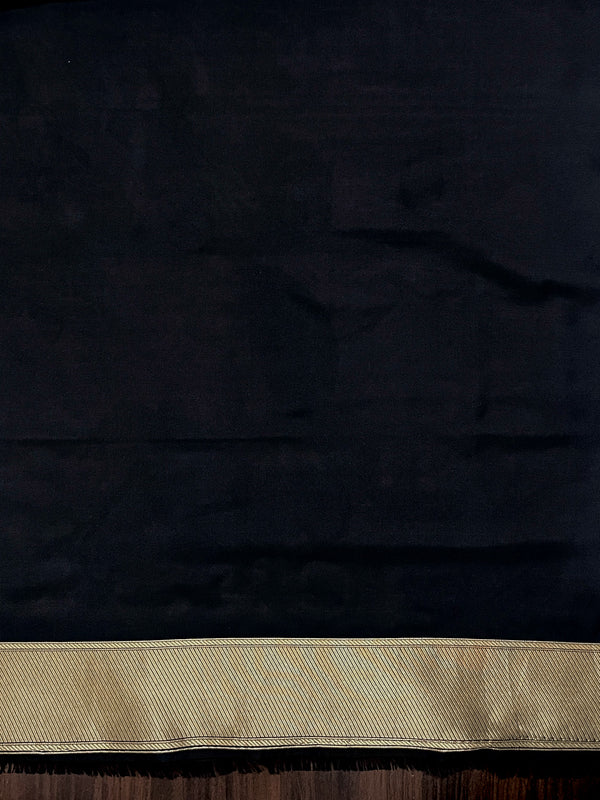 Banarasee Handloom Plain Semi Katan Saree With Ganga Ghat Zari Border-Black