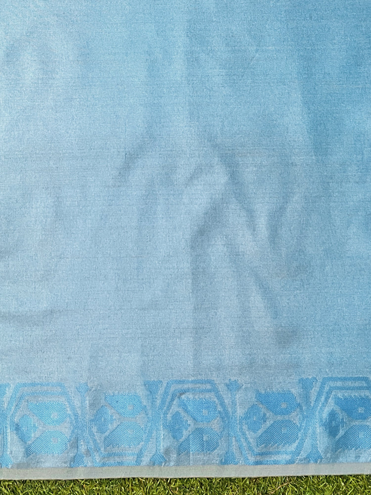 Banarasee Handwoven Semi-Tussar Silk Saree With Contrast Geometric Border-Beige & Blue
