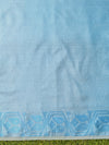 Banarasee Handwoven Semi-Tussar Silk Saree With Contrast Geometric Border-Beige & Blue
