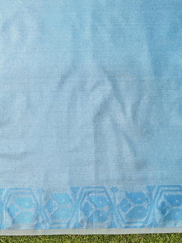 Banarasee Handwoven Semi-Tussar Silk Saree With Contrast Geometric Border-Beige & Blue