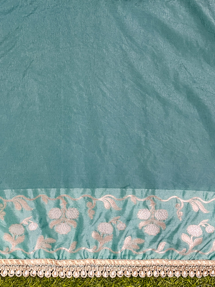 Banarasee Handloom Semi Silk Saree With Buti Design Zari Border & Lace-Light Blue