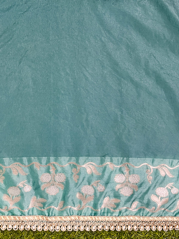 Banarasee Handloom Semi Silk Saree With Buti Design Zari Border & Lace-Light Blue