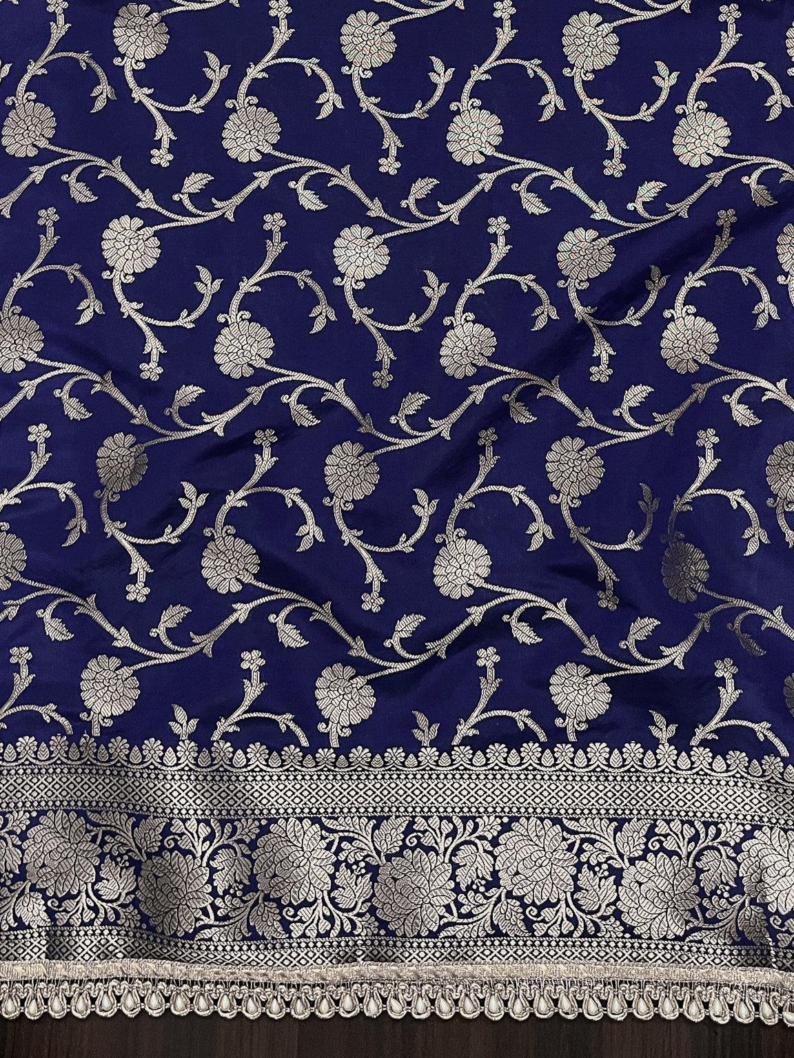 Banarasee Handloom Semi Silk Plain Saree With Zari Border & Lace-Blue