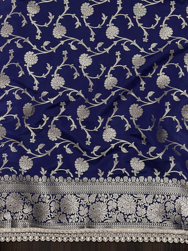 Banarasee Handloom Semi Silk Plain Saree With Zari Border & Lace-Blue