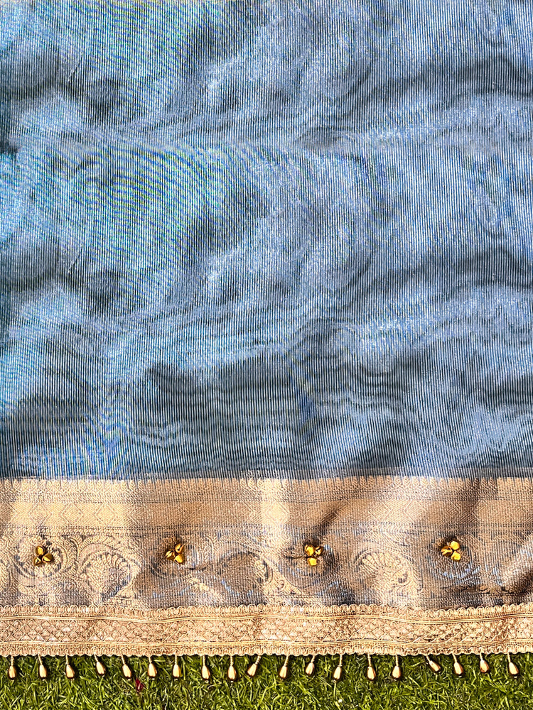 Banarasee Handwoven Tissue Saree With Embroidered Ghungroo Work-Blue