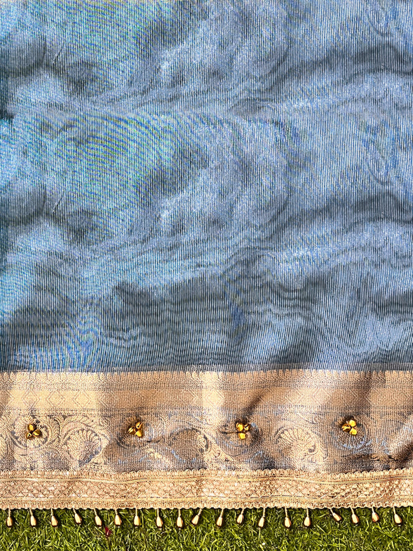 Banarasee Handwoven Tissue Saree With Embroidered Ghungroo Work-Blue
