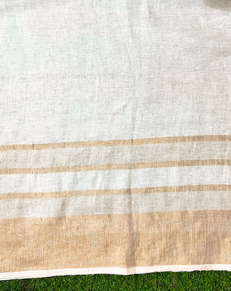 Banarasee Handloom Pure Linen Saree With Gold Zari Border-White