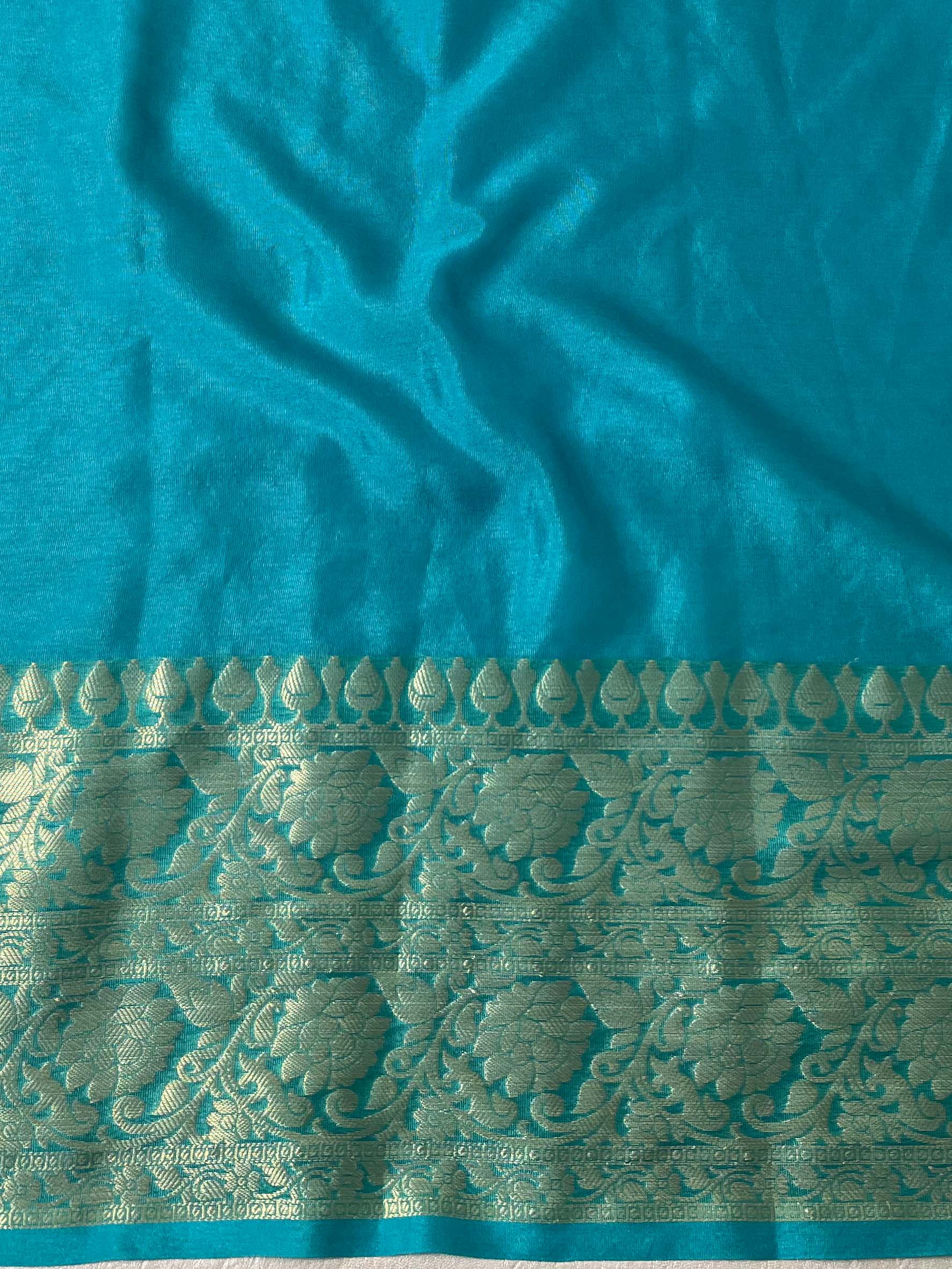 Banarasee Handwoven Semi Silk Plain Saree With Zari Border-Blue