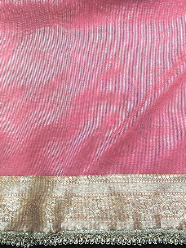 Banarasee Handloom Semi Silk Saree With Buti Design Zari Border & Lace-Hot Pink