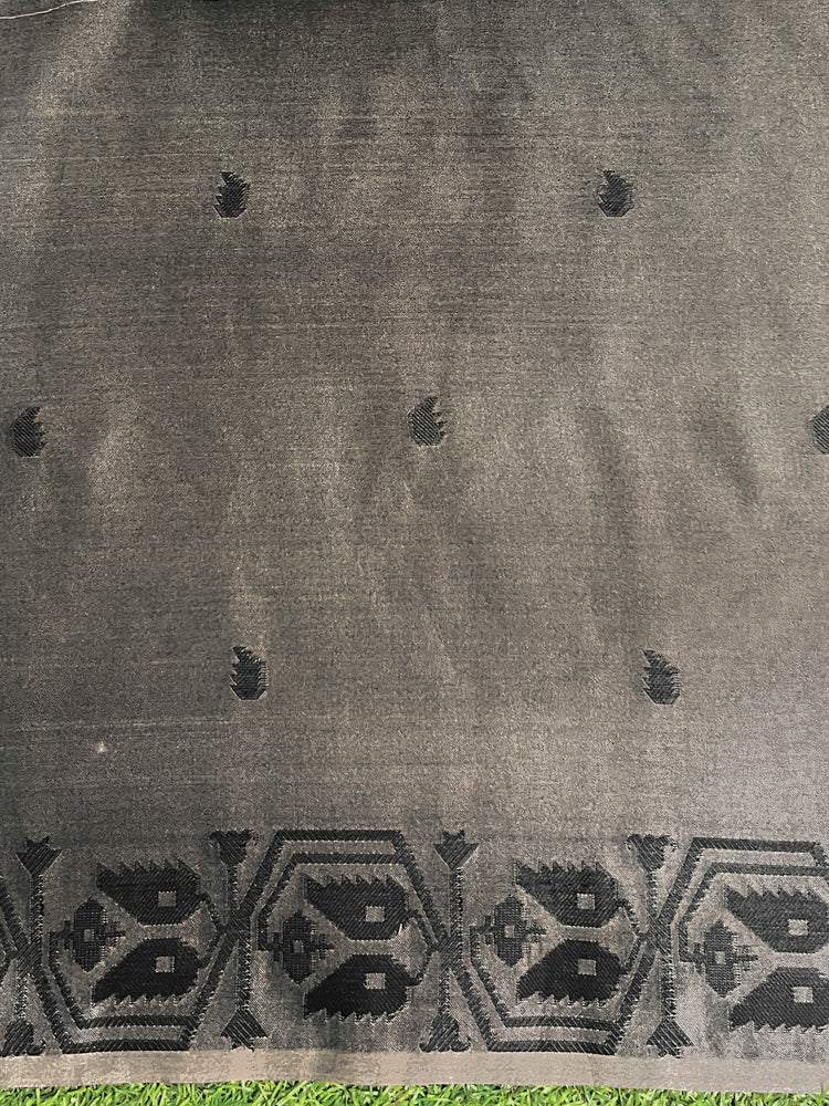 Banarasee Handwoven Semi-Tussar Saree With Embroidered Floral Motifs & Border-Beige & Black